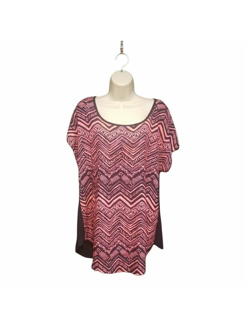 Espresso Women's Plus Size 1X Red & Navy Geometric Striped Blouse Cap Sleeve